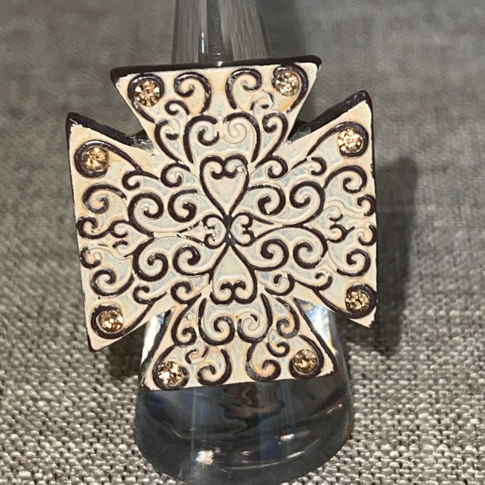 Vintage Boho Maltese Cross Wood Crystal Stretch Adjustable Ring